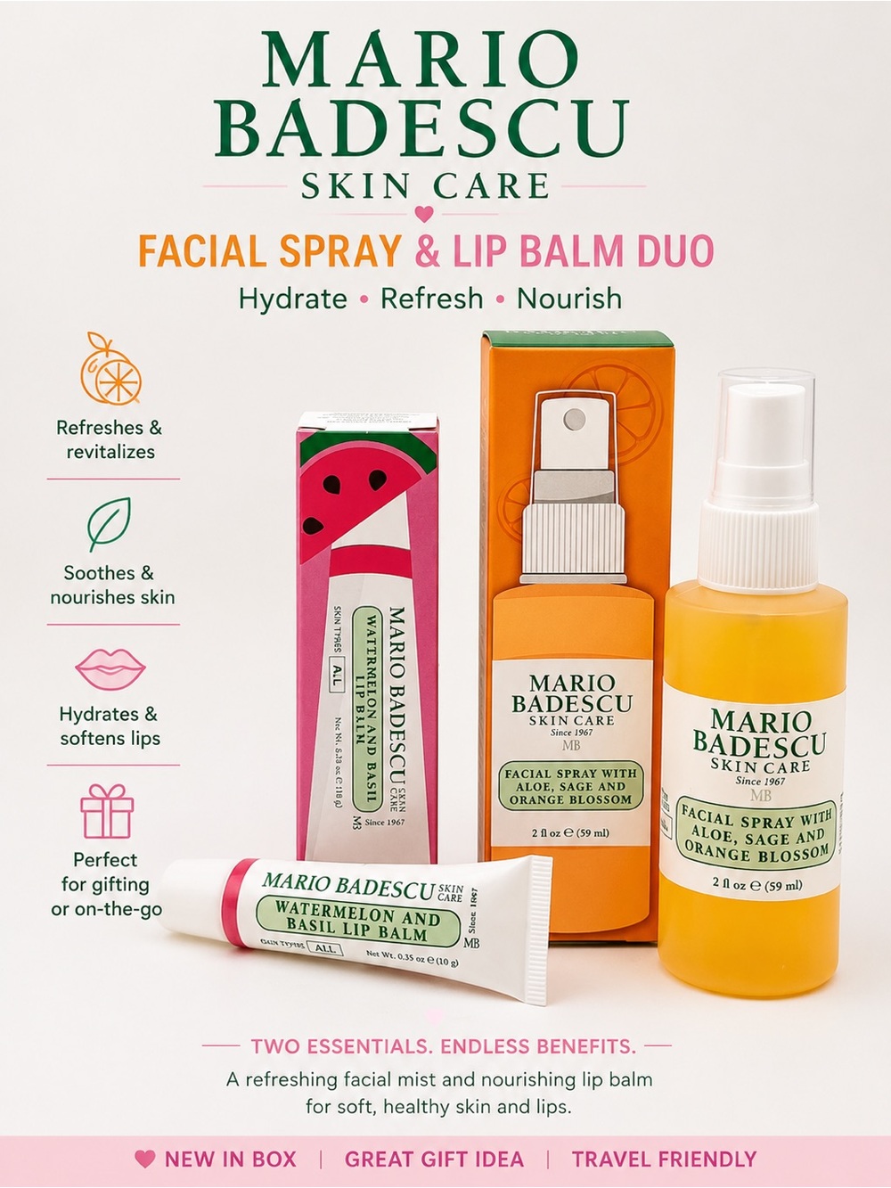 Mario Badescu Facial Spray Orange Blossom & Watermelon Basil Lip Balm Set NIB
